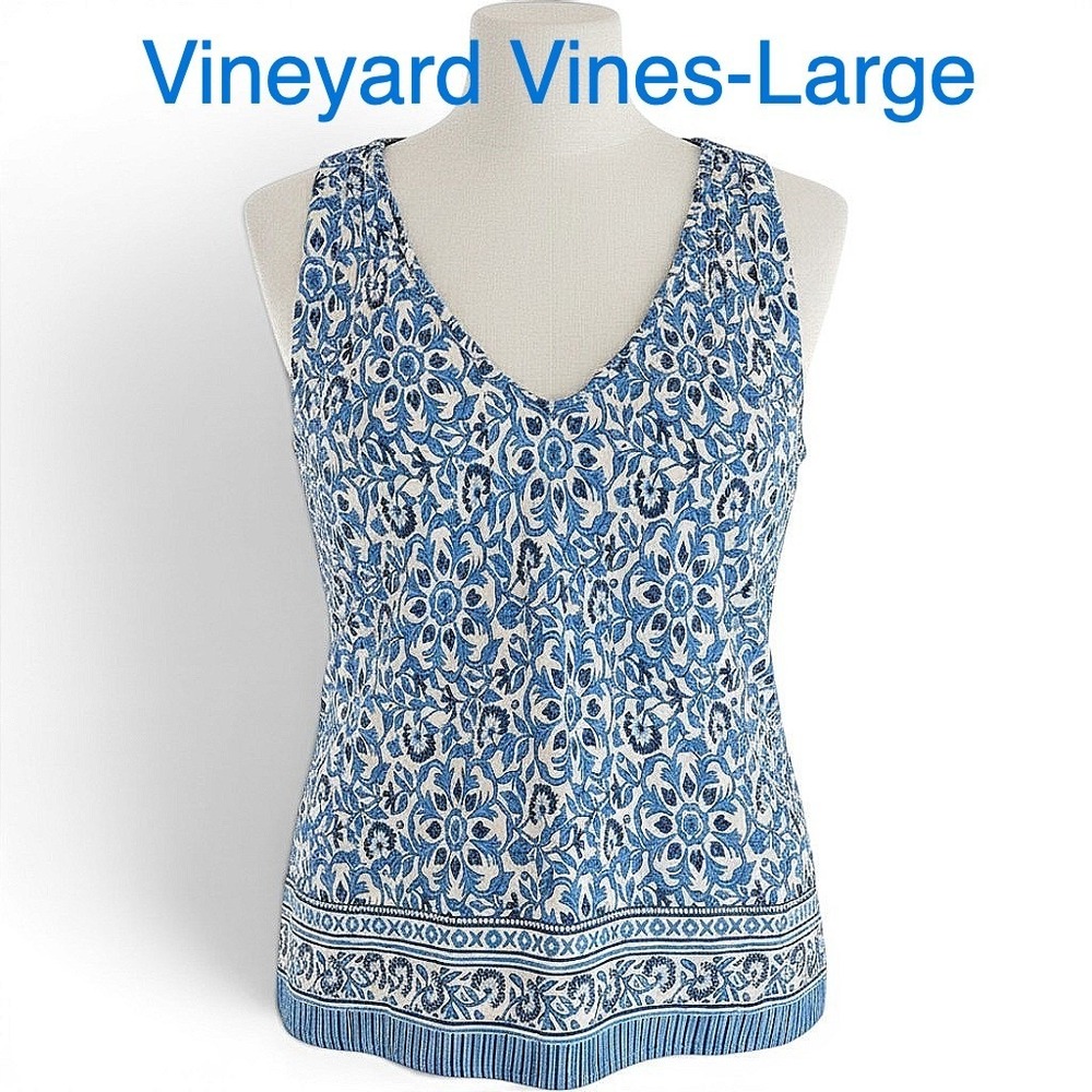 Vineyard Vines Womens Blue White Floral Medallion V-Neck Tank Top Size Small